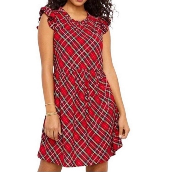 NWT Vineyard Vines Plaid Ruffle Tiered Dress Red Velvet Rayon Metallic - Picture 1 of 12